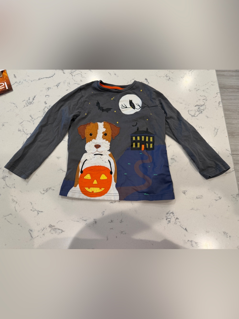 Mini Boden Gray Kids Halloween Dog Shirt 🎃 🐶 trick or treating haunted house 5-6